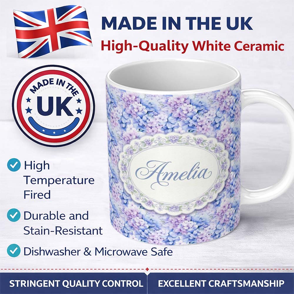 Personalized Custom Name Dreamy Lavender Blue Hydrangea Floral Seamless Pattern Lovely 11oz Ceramic Coffee Tea Mug White Large Handle