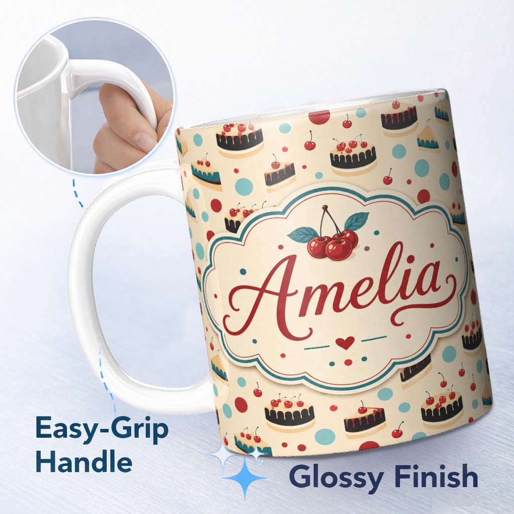 Personalized Custom Name Polka Dot Cake and Slice Dessert Seamless Pattern Cute Unique Gift 11oz Ceramic Coffee Tea Mug White Large Handle