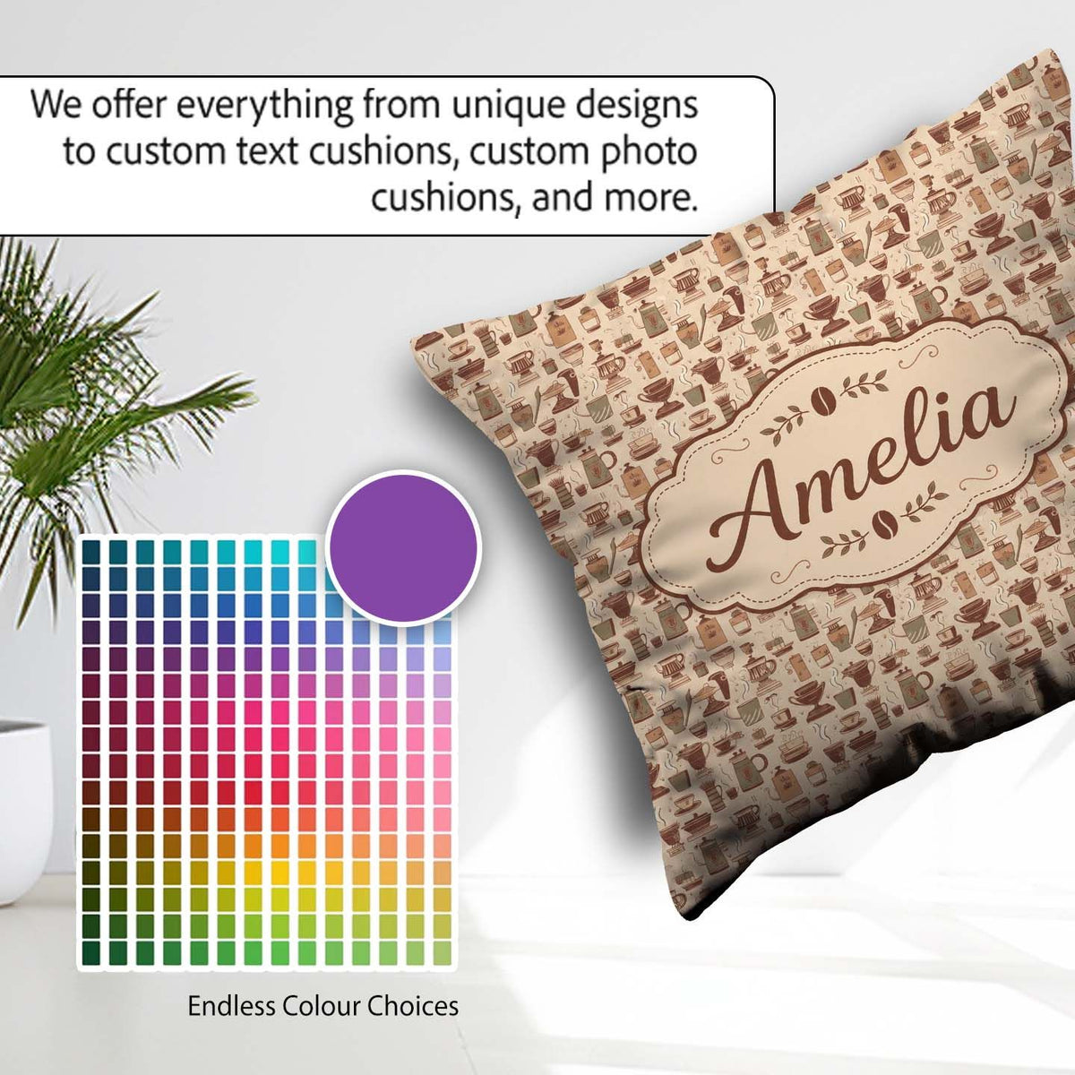 Custom Name Cozy Cafe Cups Tools Seamless Pattern Name Cute Square Filled Cushion Throw Pillow Sofa Bed Home Decor Zip Washable UK Made