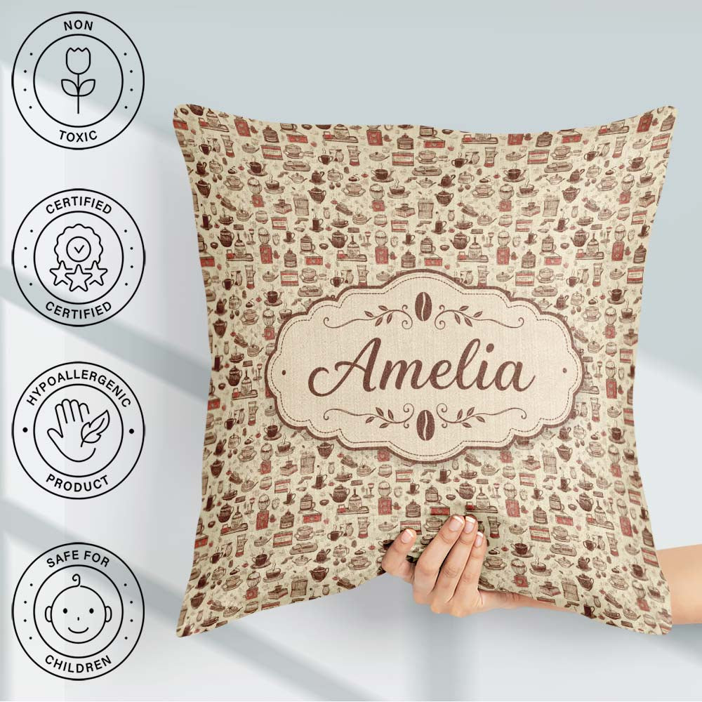 Custom Name Desserts Cups and Utensils Seamless Pattern Name Square Filled Cushion Throw Pillow Sofa Bed Home Decor Zip Washable UK Made