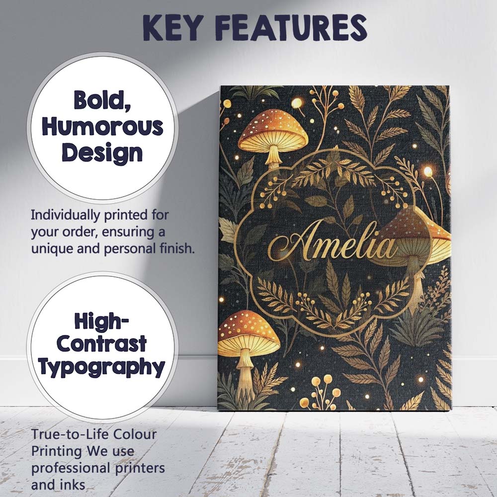 Personalised Name Golden Mushrooml Floral Spiral Stars Night Seamless Custom Home Unique Canvas Wall Art Print Decor Picture Ready to Hang