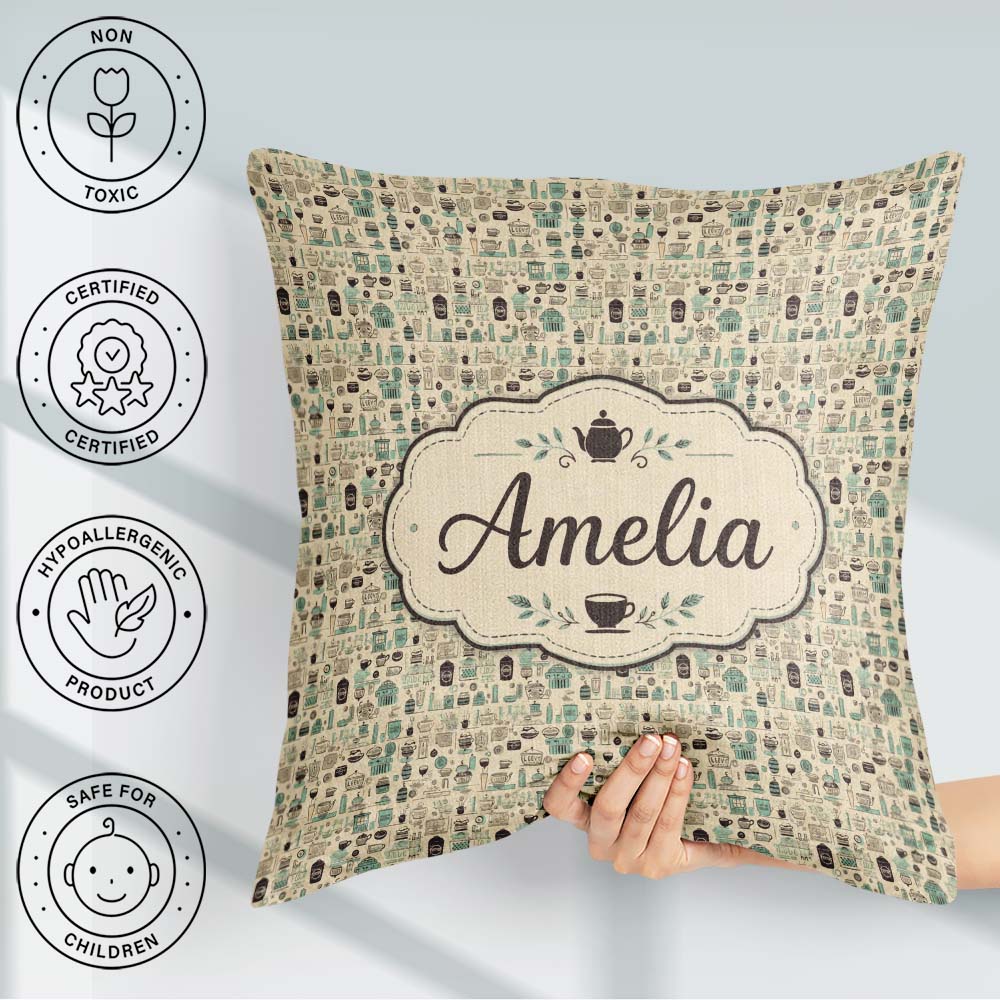 Custom Name Minimal Coffee Teal Beige Seamless Pattern Name Cute Square Filled Cushion Throw Pillow Sofa Bed Home Decor Zip Washable UK Made