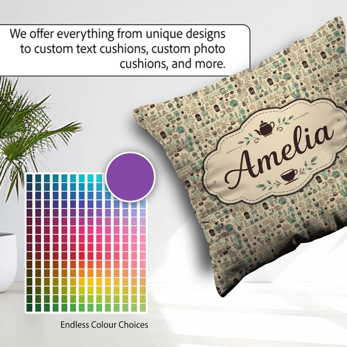 Custom Name Minimal Coffee Teal Beige Seamless Pattern Name Cute Square Filled Cushion Throw Pillow Sofa Bed Home Decor Zip Washable UK Made