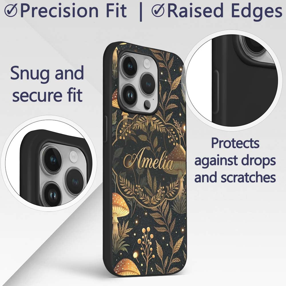 Golden Mushrooml Floral Spiral Printed Design Custom Name Protective Phone Case Mobile Cover Durable Everyday Smartphone Shock Resistant