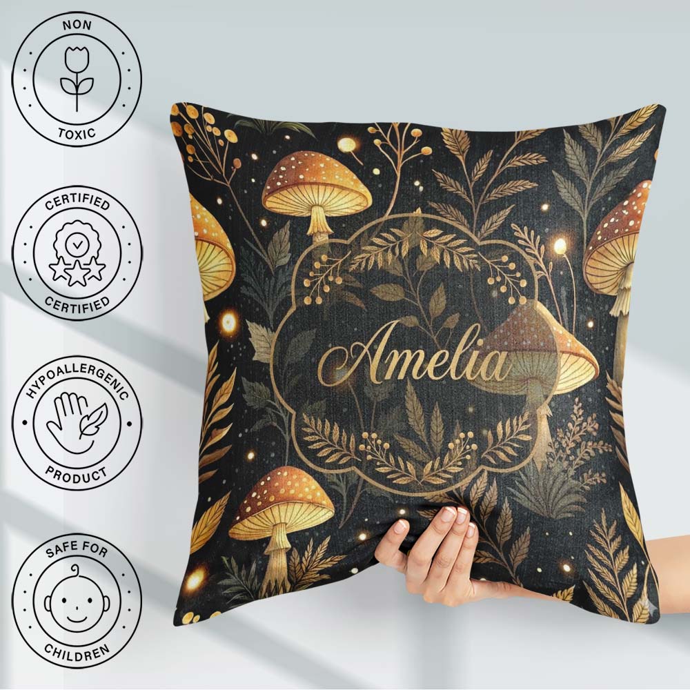 Custom Name Golden Mushrooml Floral Stars Night Seamless Pattern Square Filled Cushion Throw Pillow Sofa Bed Home Decor Zip Washable UK Made