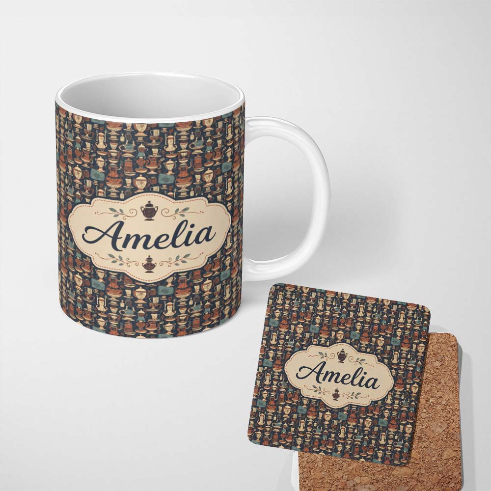 Personalized Custom Name Vintage Ornate Coffee Pots Cups and Kitchenware Seamless Pattern 11oz Ceramic Coffee Tea Mug White Large Handle