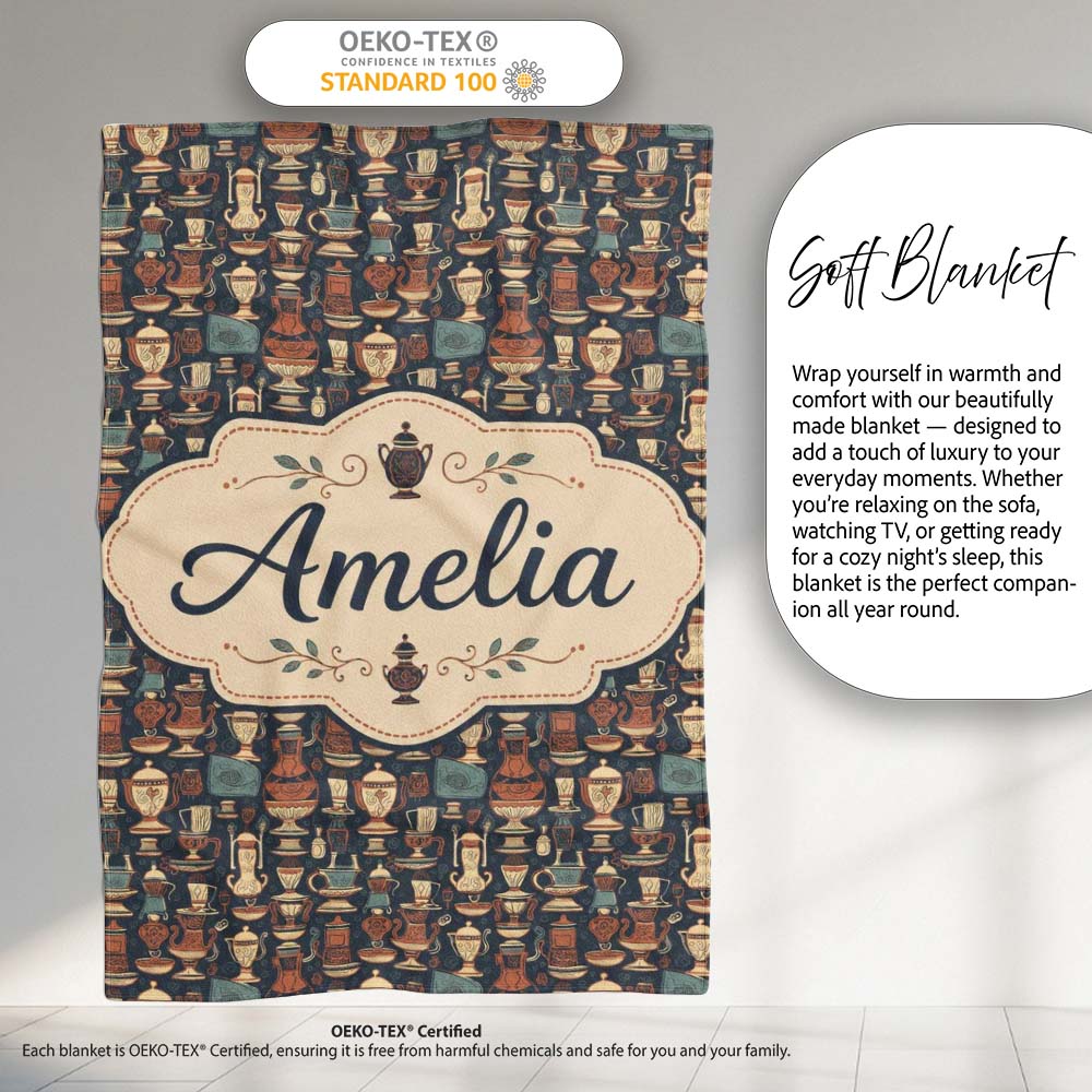 Vintage Ornate Coffee Pots Cups and ware Seamless Pattern Personalised Custom Name Super Soft Fleece Blanket Bed Sofa Throw