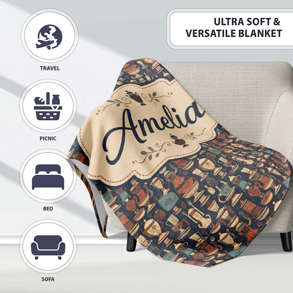 Vintage Ornate Coffee Pots Cups and ware Seamless Pattern Personalised Custom Name Super Soft Fleece Blanket Bed Sofa Throw