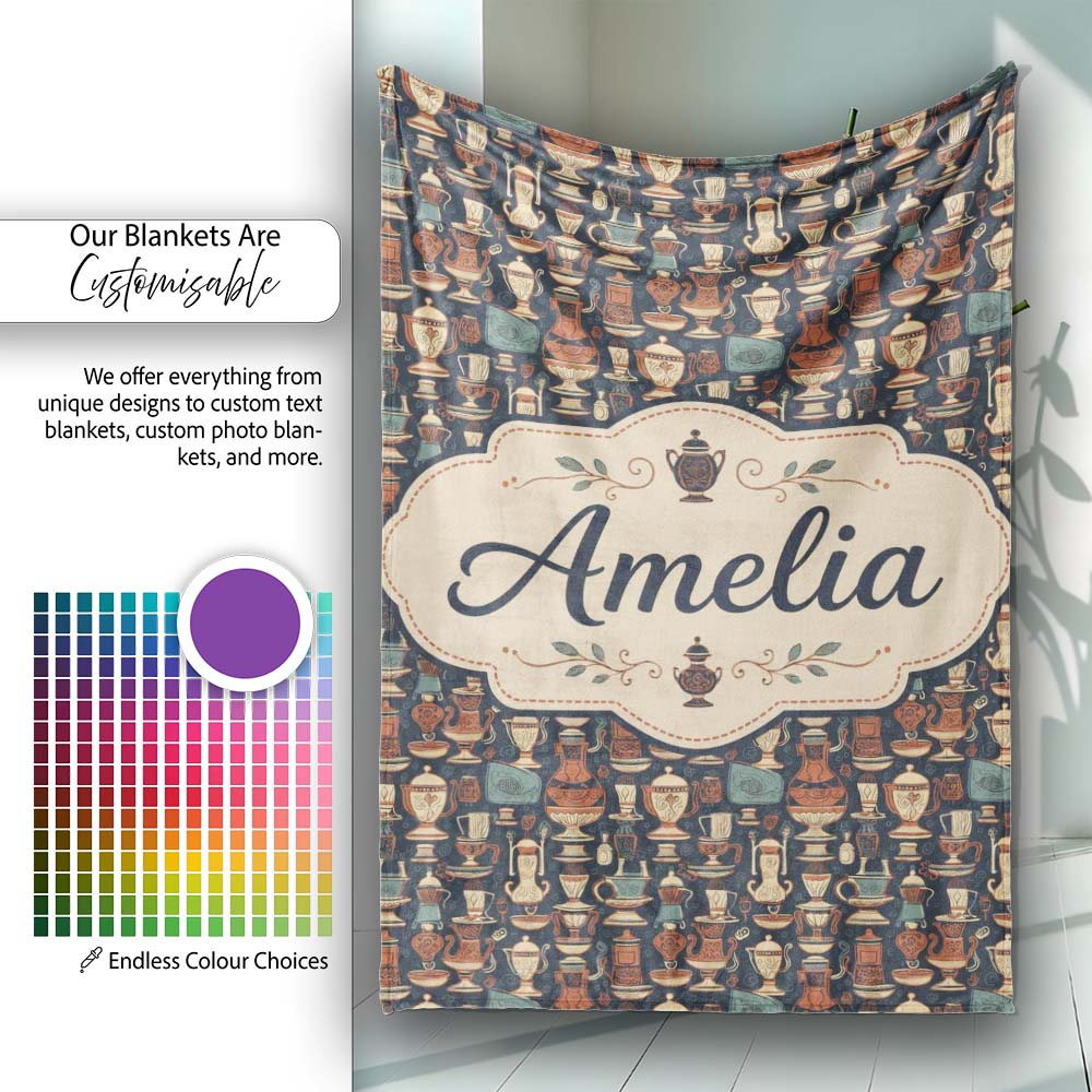 Vintage Ornate Coffee Pots Cups and ware Seamless Pattern Personalised Custom Name Super Soft Fleece Blanket Bed Sofa Throw