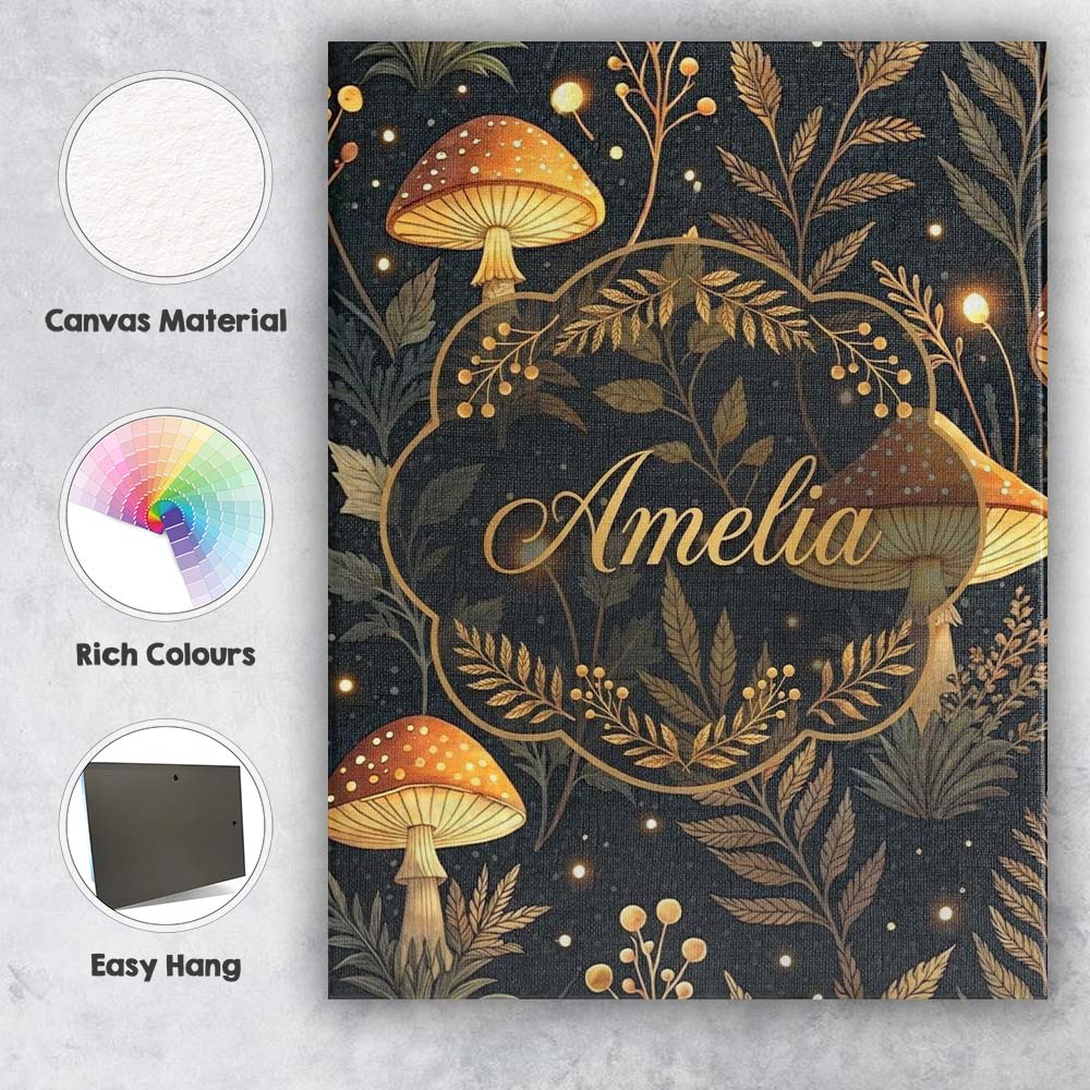 Personalised Name Golden Mushrooml Floral Spiral Stars Night Seamless Custom Home Unique Canvas Wall Art Print Decor Picture Ready to Hang