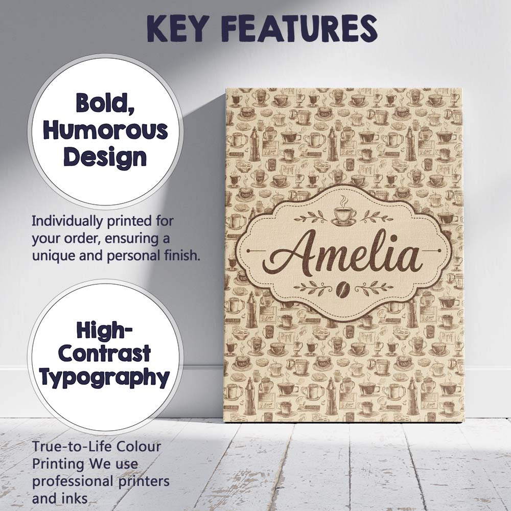 Personalised Name Coffee Cups Desserts and Custom Unique Gift Idea Elegant Feature Canvas Wall Art Print Decor Picture Ready to Hang