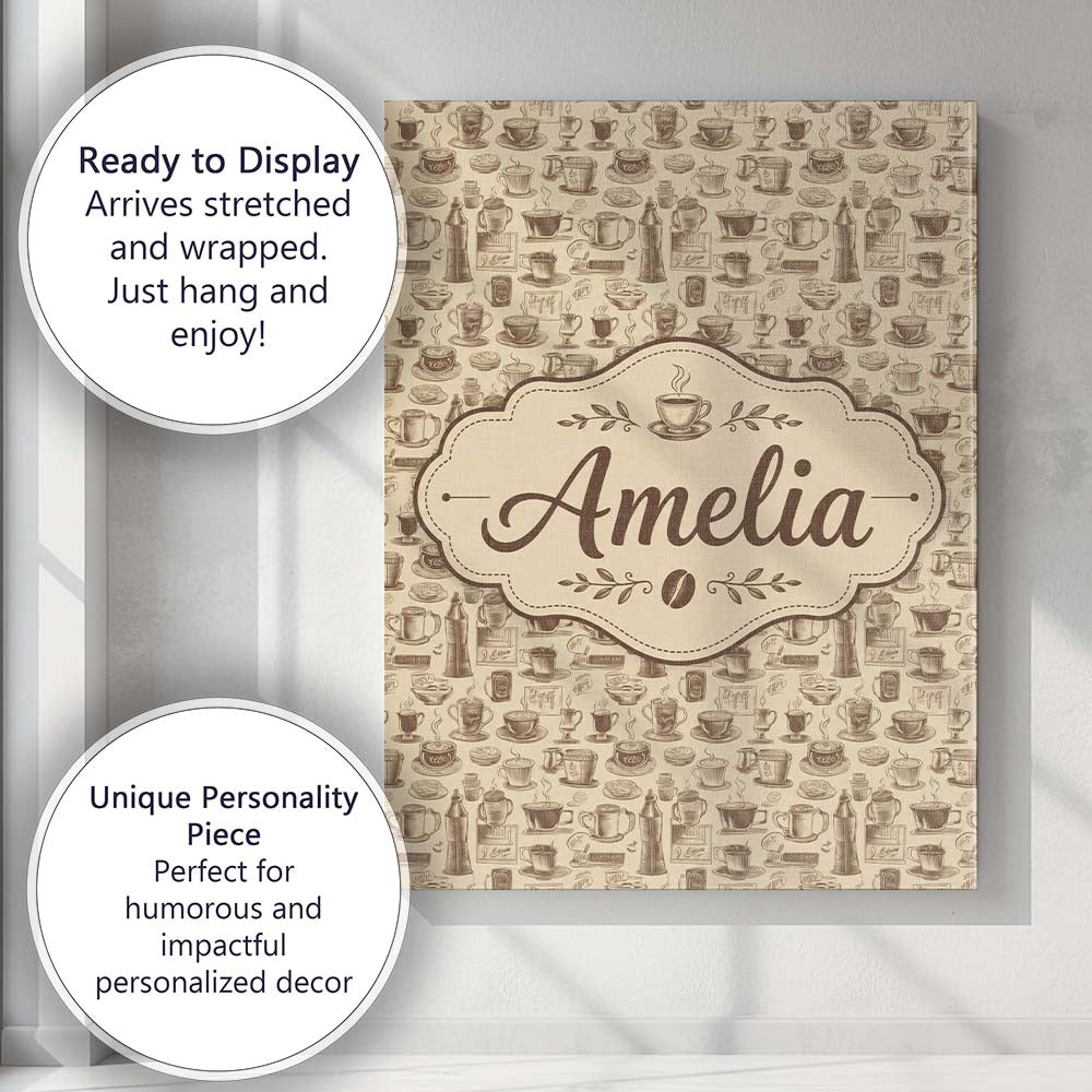 Personalised Name Coffee Cups Desserts and Custom Unique Gift Idea Elegant Feature Canvas Wall Art Print Decor Picture Ready to Hang