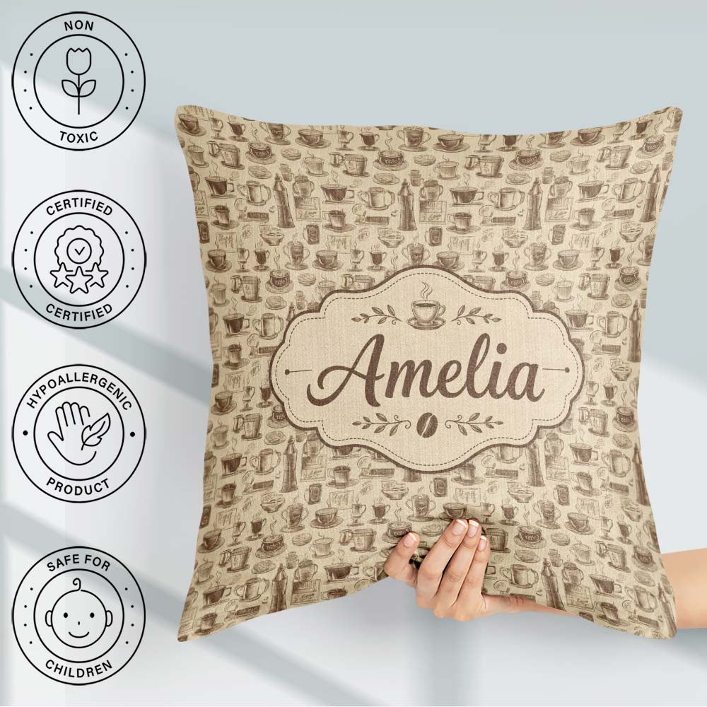 Custom Name Cups Desserts and Cafe Elements Seamless Name Cute Square Filled Cushion Throw Pillow Sofa Bed Home Decor Zip Washable UK Made
