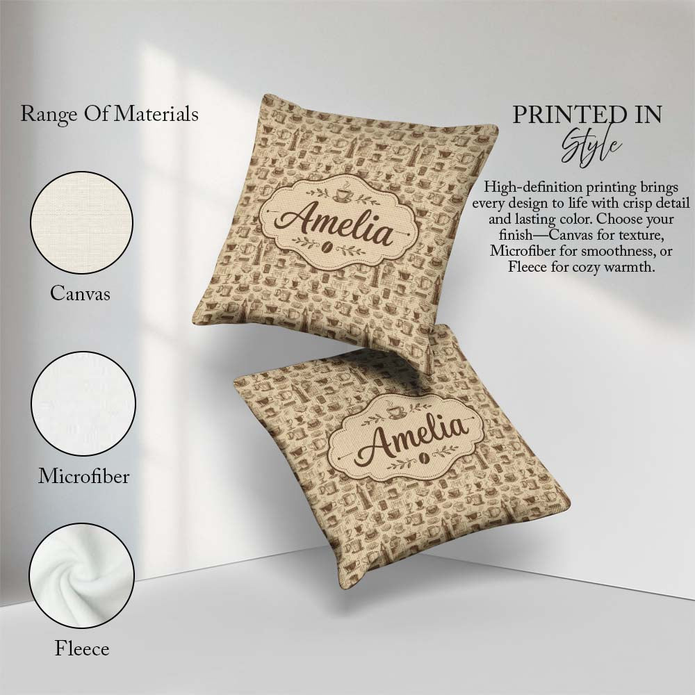 Custom Name Cups Desserts and Cafe Elements Seamless Name Cute Square Filled Cushion Throw Pillow Sofa Bed Home Decor Zip Washable UK Made