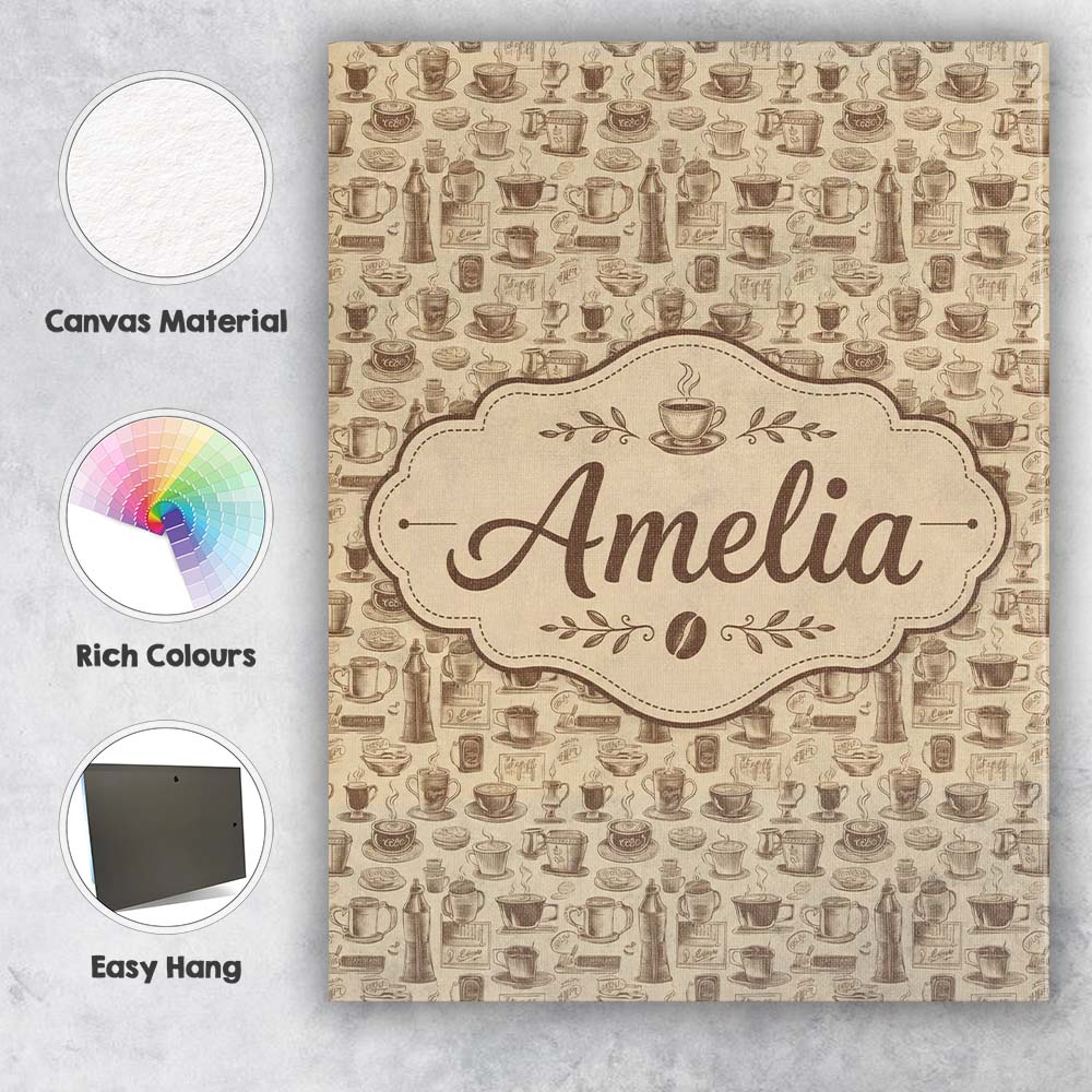 Personalised Name Coffee Cups Desserts and Custom Unique Gift Idea Elegant Feature Canvas Wall Art Print Decor Picture Ready to Hang