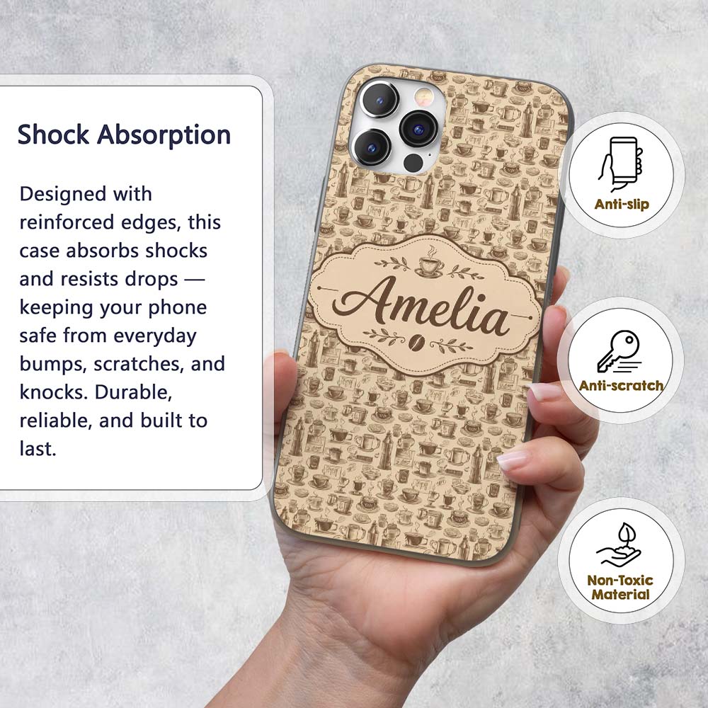 Coffee Cups Desserts and Cafe Elements Seamless Custom Name Protective Phone Case Mobile Cover Durable Everyday Smartphone Shock Resistant