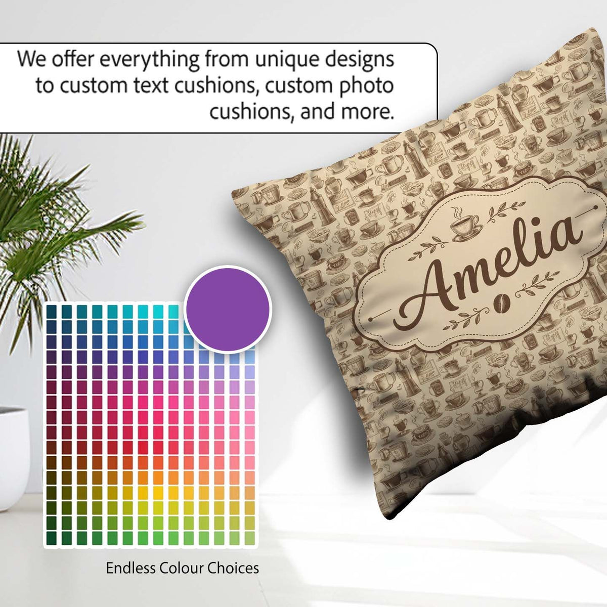 Custom Name Cups Desserts and Cafe Elements Seamless Name Cute Square Filled Cushion Throw Pillow Sofa Bed Home Decor Zip Washable UK Made