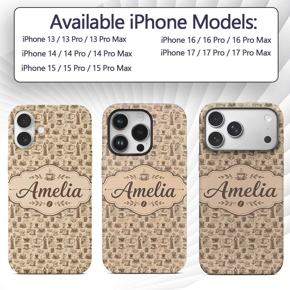 Coffee Cups Desserts and Cafe Elements Seamless Custom Name Protective Phone Case Mobile Cover Durable Everyday Smartphone Shock Resistant
