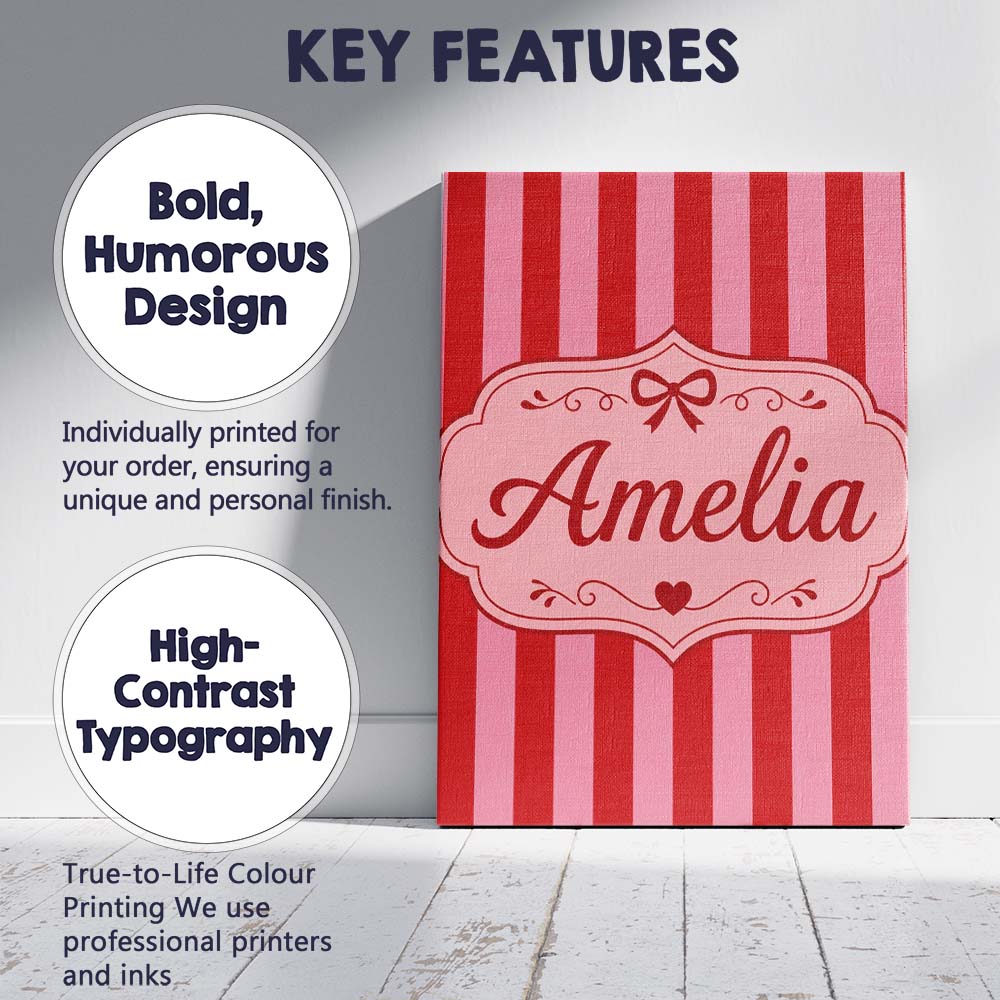 Personalised Name Wavy Red and Pink Vertical Custom Bespoke Contemporary Display Canvas Wall Art Print Decor Picture Ready to Hang