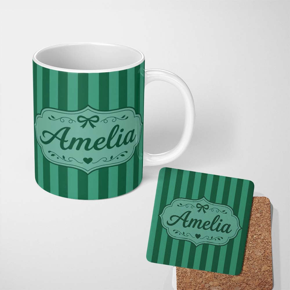Personalized Custom Name Wavy Green and Teal Vertical Stripes Seamless Pattern Name Cute 11oz Ceramic Coffee Tea Mug White Large Handle