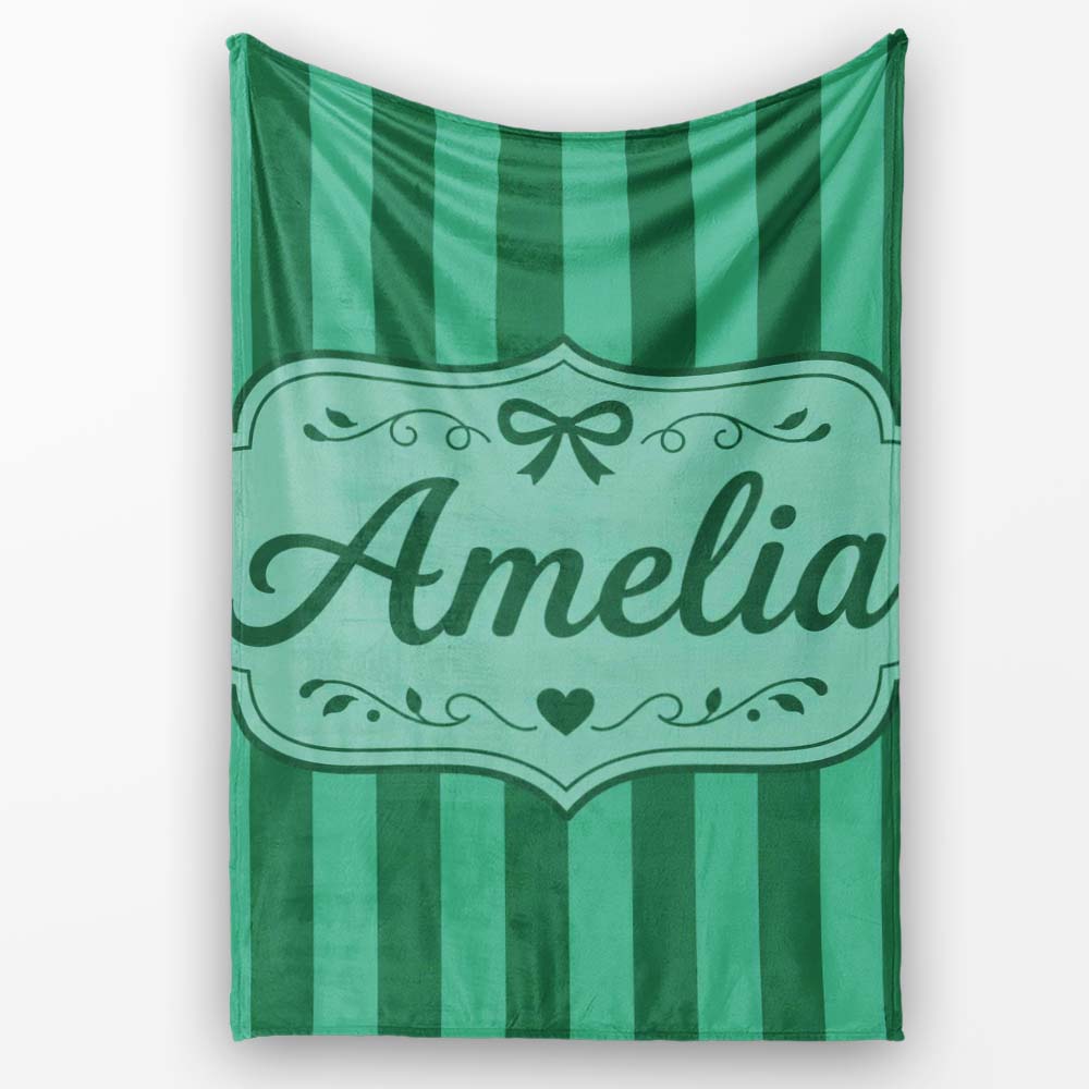 Wavy Green and Teal Vertical Stripes Seamless Pattern Name Cute Personalised Custom Name Super Soft Fleece Blanket Bed Sofa Throw