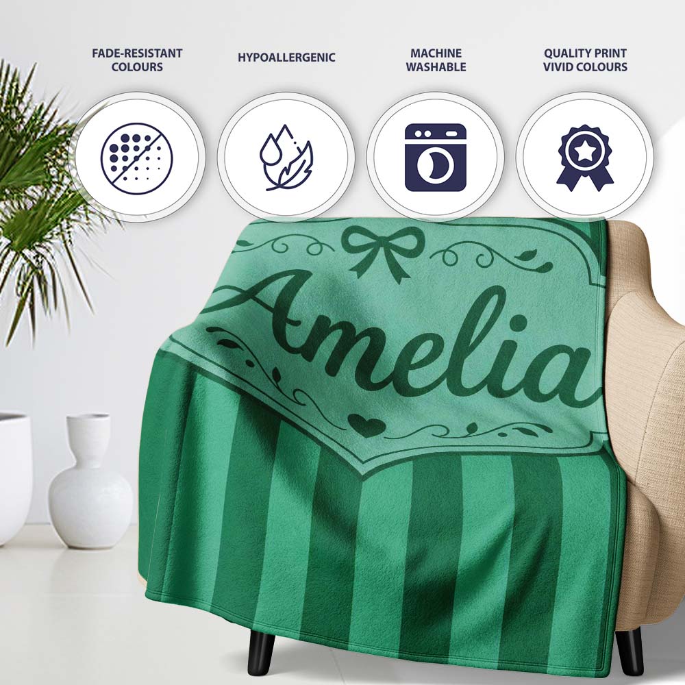 Wavy Green and Teal Vertical Stripes Seamless Pattern Name Cute Personalised Custom Name Super Soft Fleece Blanket Bed Sofa Throw