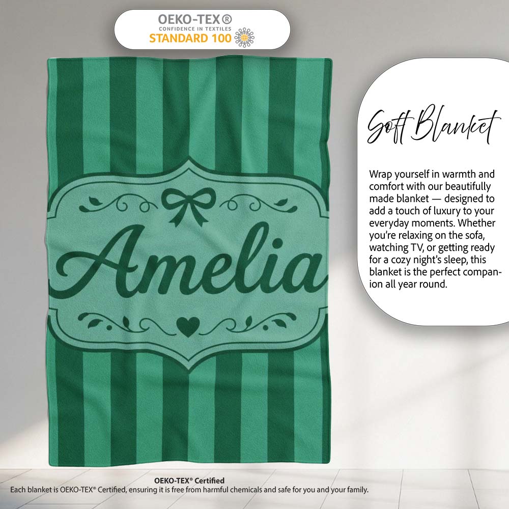 Wavy Green and Teal Vertical Stripes Seamless Pattern Name Cute Personalised Custom Name Super Soft Fleece Blanket Bed Sofa Throw