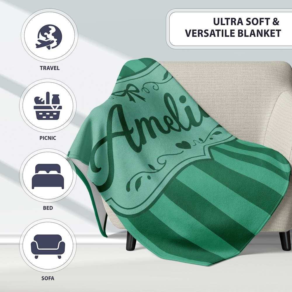 Wavy Green and Teal Vertical Stripes Seamless Pattern Name Cute Personalised Custom Name Super Soft Fleece Blanket Bed Sofa Throw