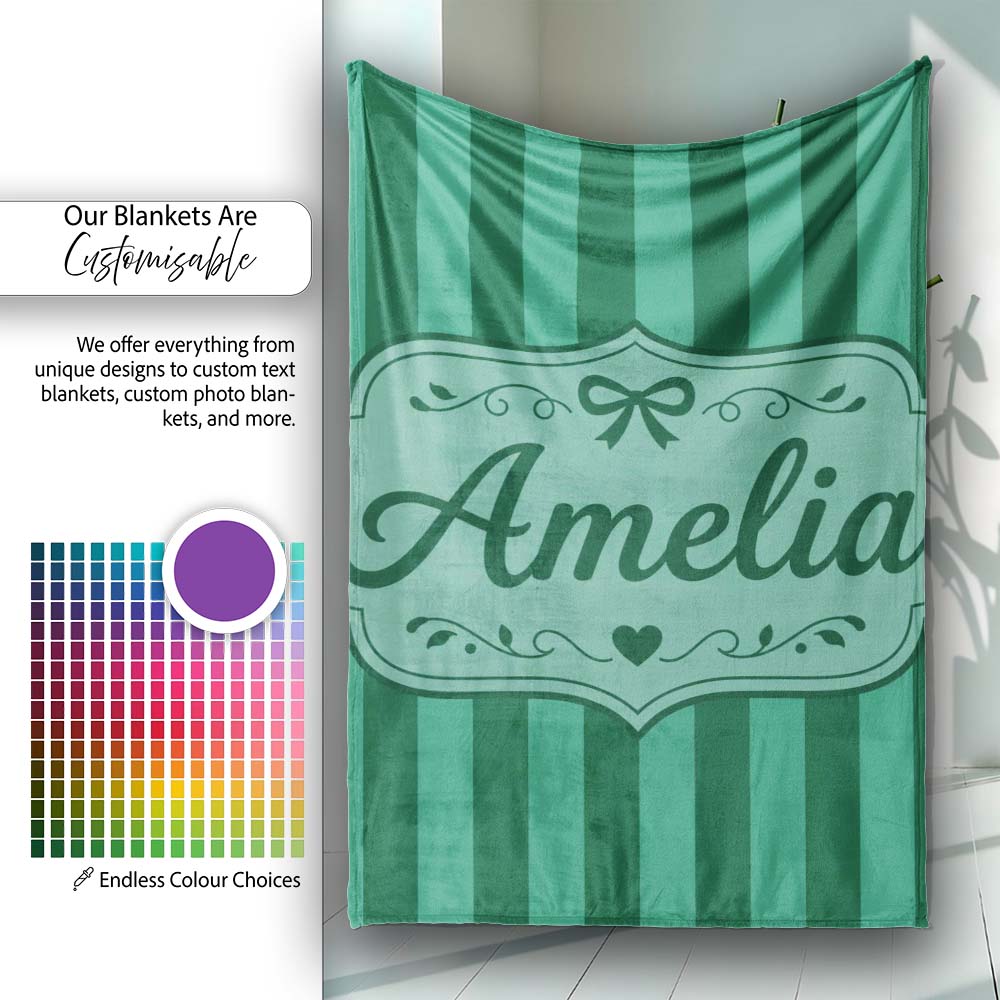 Wavy Green and Teal Vertical Stripes Seamless Pattern Name Cute Personalised Custom Name Super Soft Fleece Blanket Bed Sofa Throw