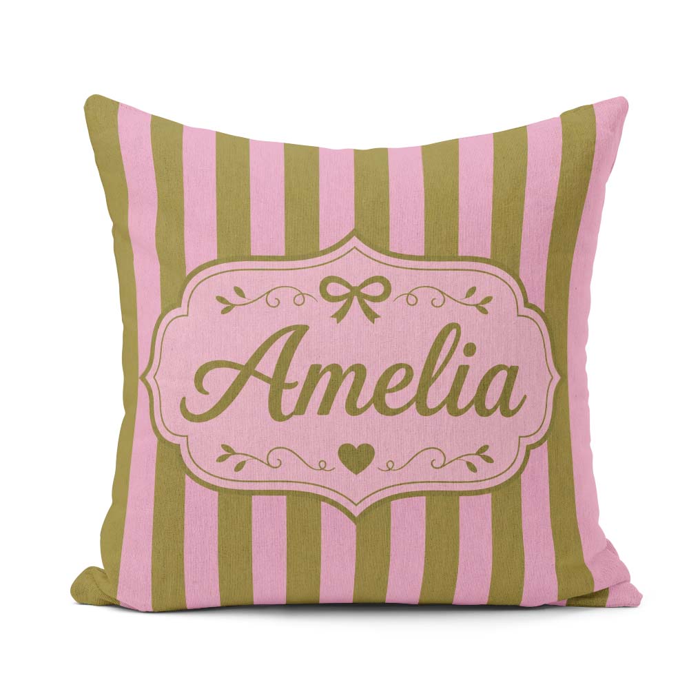 Custom Name Wavy Olive Green Pink Vertical Stripes Seamless Name Square Filled Cushion Throw Pillow Sofa Bed Home Decor Zip Washable UK Made