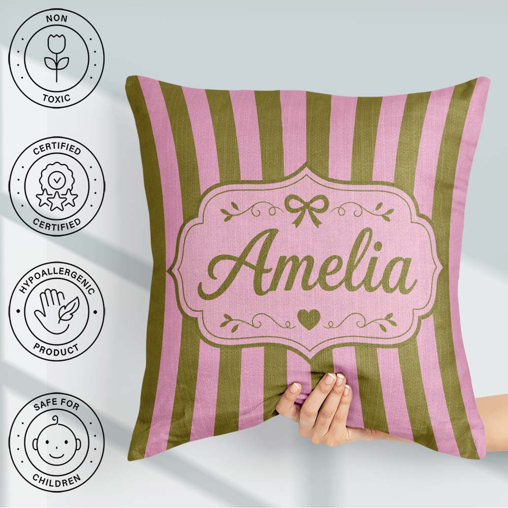 Custom Name Wavy Olive Green Pink Vertical Stripes Seamless Name Square Filled Cushion Throw Pillow Sofa Bed Home Decor Zip Washable UK Made