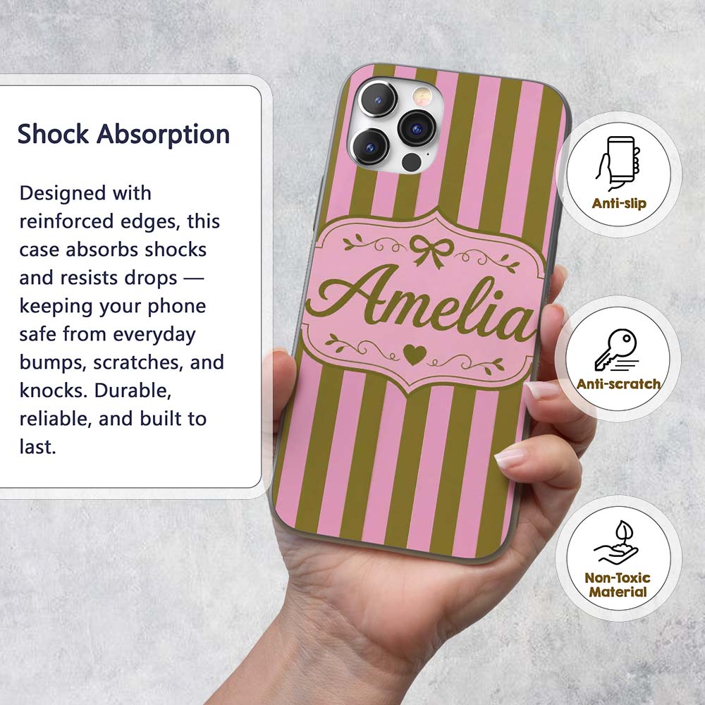 Wavy Olive Green and Pink Vertical Printed Design Custom Name Protective Phone Case Mobile Cover Durable Everyday Smartphone Shock Resistant