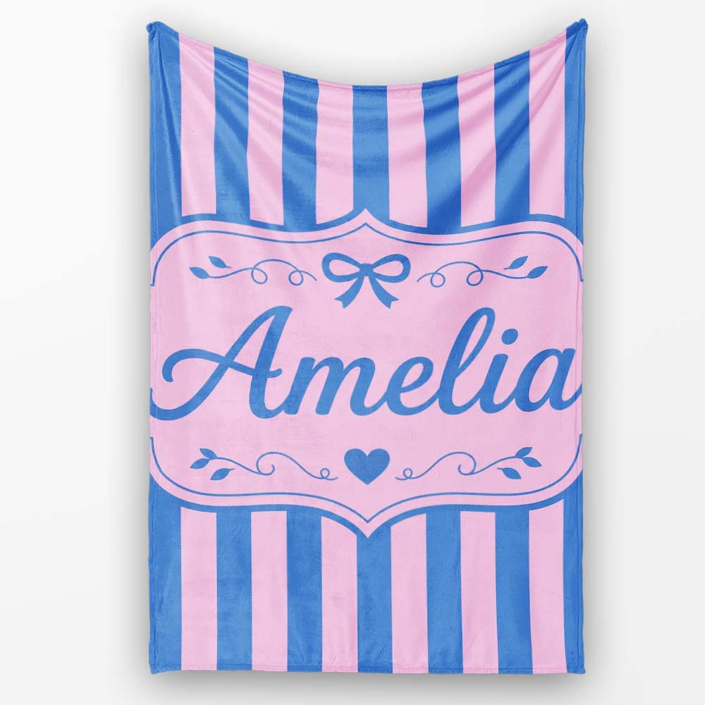 Wavy Blue and Pink Vertical Stripes Seamless Pattern Name Cute Personalised Custom Name Super Soft Fleece Blanket Bed Sofa Throw