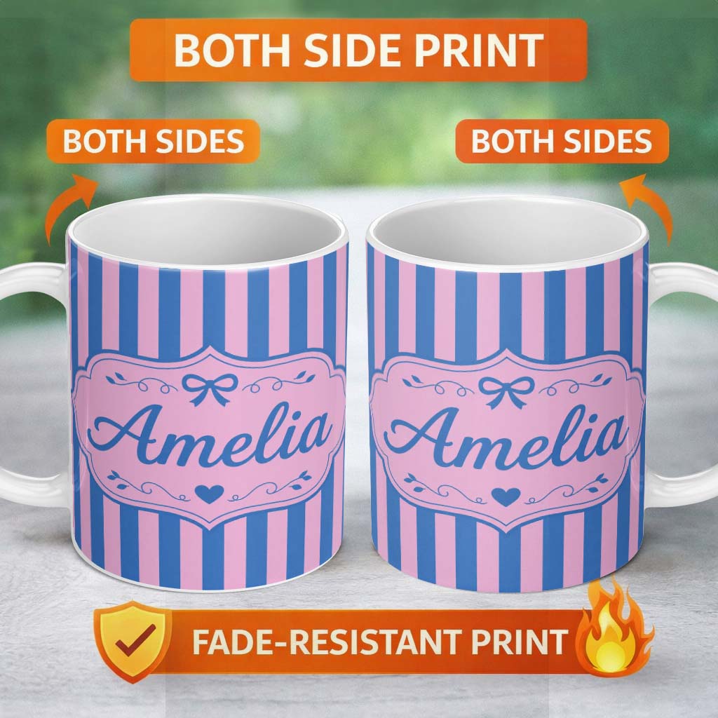 Personalized Custom Name Wavy Blue and Pink Vertical Stripes Seamless Pattern Name Cute 11oz Ceramic Coffee Tea Mug White Large Handle