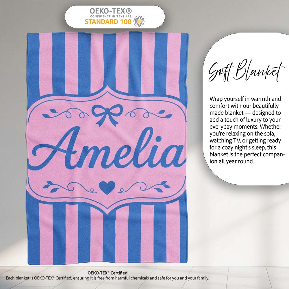 Wavy Blue and Pink Vertical Stripes Seamless Pattern Name Cute Personalised Custom Name Super Soft Fleece Blanket Bed Sofa Throw