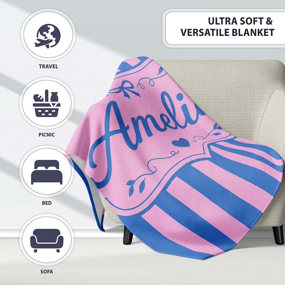 Wavy Blue and Pink Vertical Stripes Seamless Pattern Name Cute Personalised Custom Name Super Soft Fleece Blanket Bed Sofa Throw