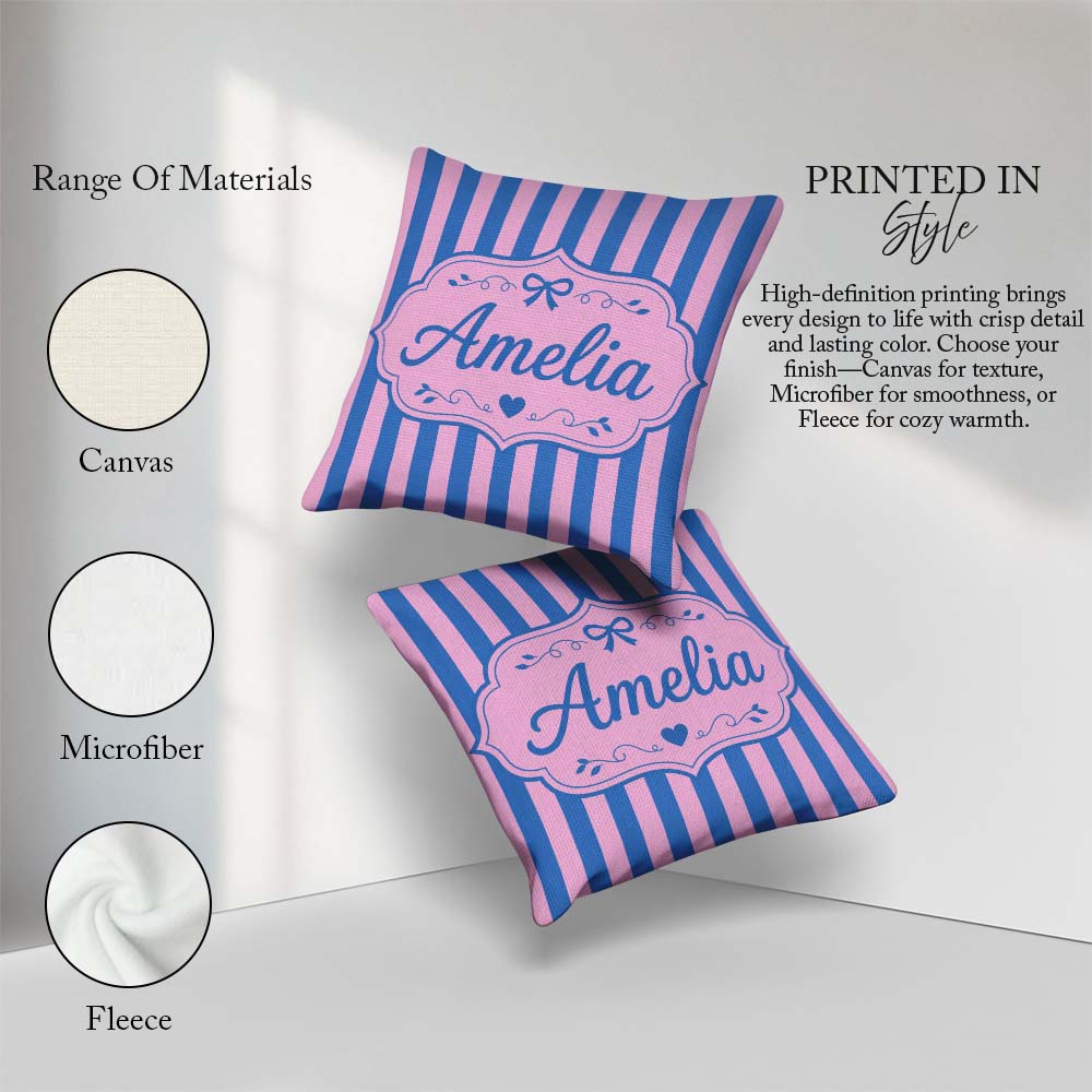 Custom Name Wavy Blue and Pink Vertical Stripes Seamless Pattern Square Filled Cushion Throw Pillow Sofa Bed Home Decor Zip Washable UK Made