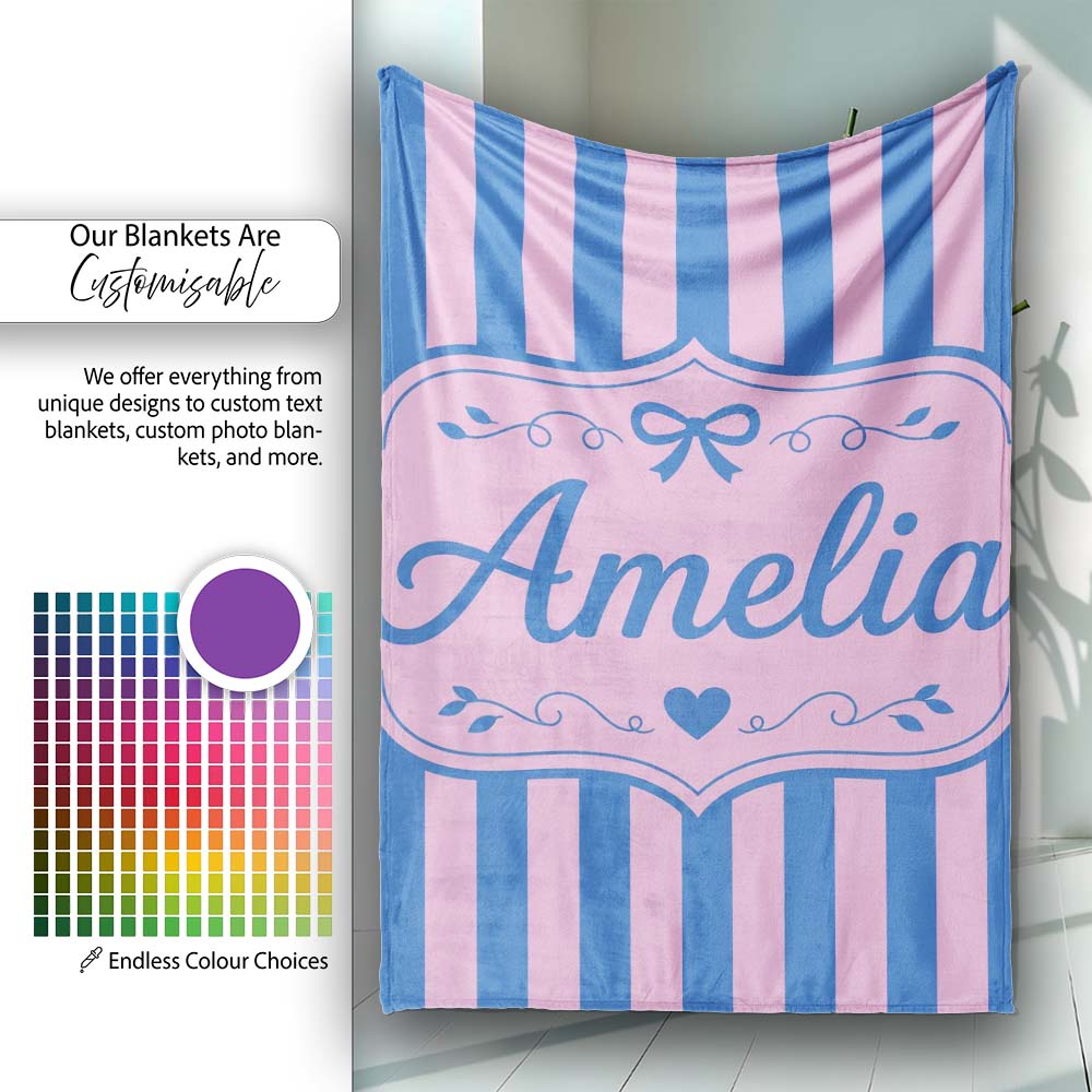 Wavy Blue and Pink Vertical Stripes Seamless Pattern Name Cute Personalised Custom Name Super Soft Fleece Blanket Bed Sofa Throw