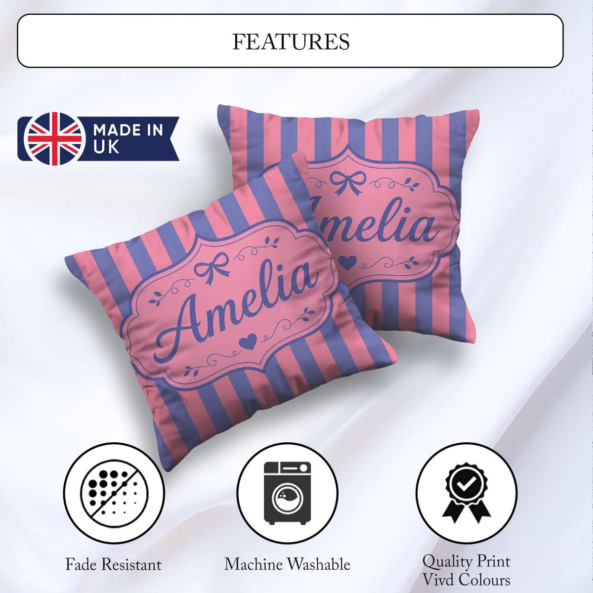 Custom Name Wavy and Pink Vertical Stripes Seamless Pattern Name Square Filled Cushion Throw Pillow Sofa Bed Home Decor Zip Washable UK Made