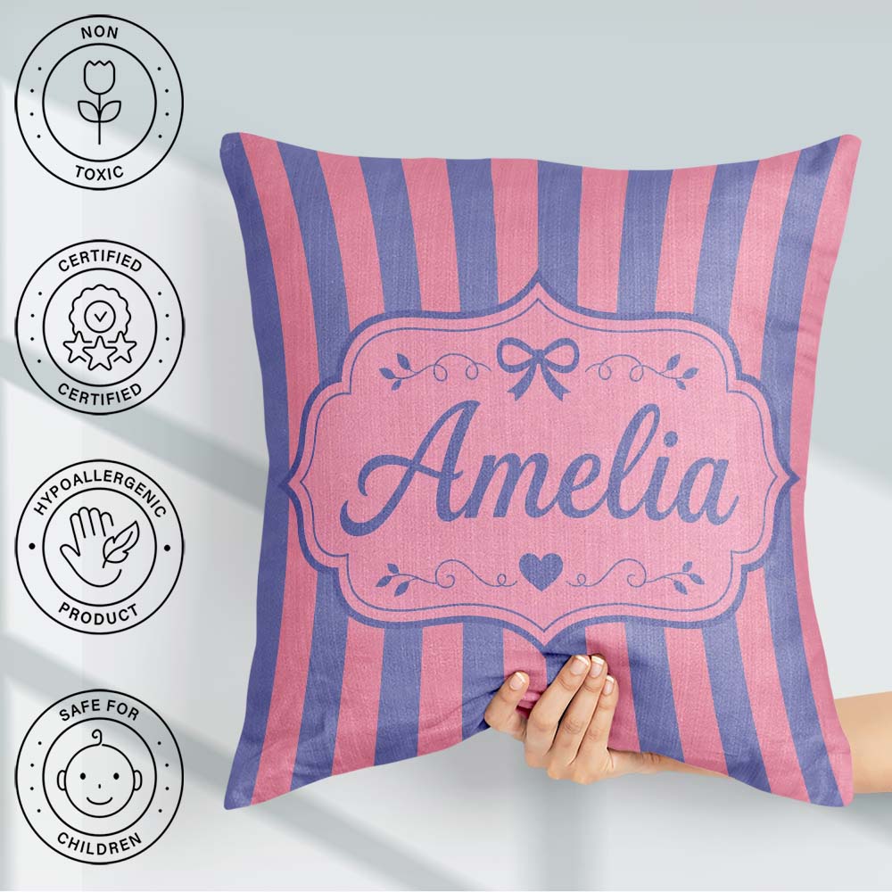 Custom Name Wavy and Pink Vertical Stripes Seamless Pattern Name Square Filled Cushion Throw Pillow Sofa Bed Home Decor Zip Washable UK Made