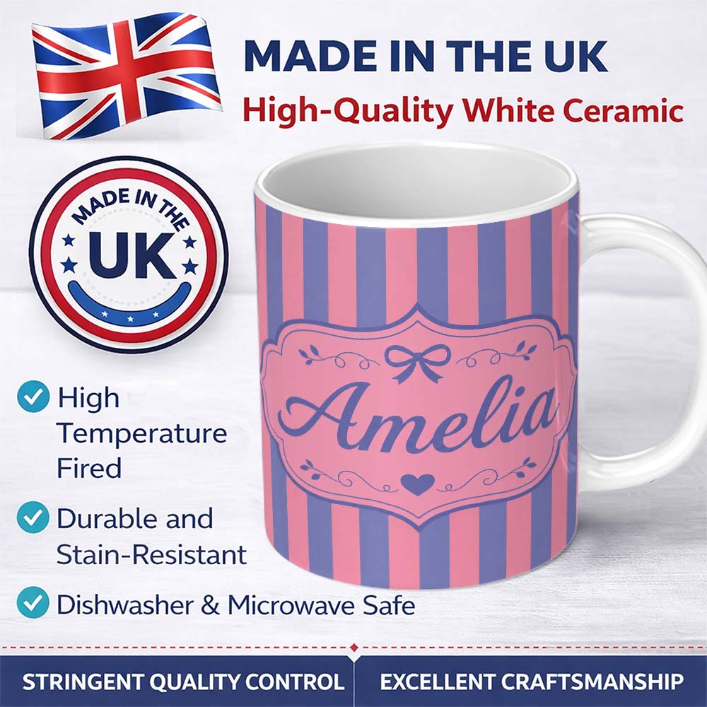 Personalized Custom Name Wavy Purple and Pink Vertical Stripes Seamless Pattern Name Cute 11oz Ceramic Coffee Tea Mug White Large Handle