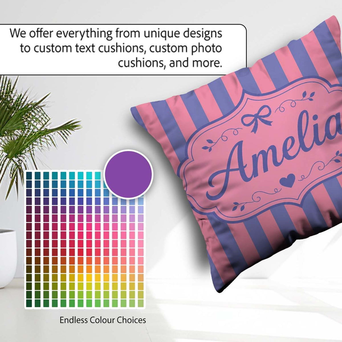 Custom Name Wavy and Pink Vertical Stripes Seamless Pattern Name Square Filled Cushion Throw Pillow Sofa Bed Home Decor Zip Washable UK Made