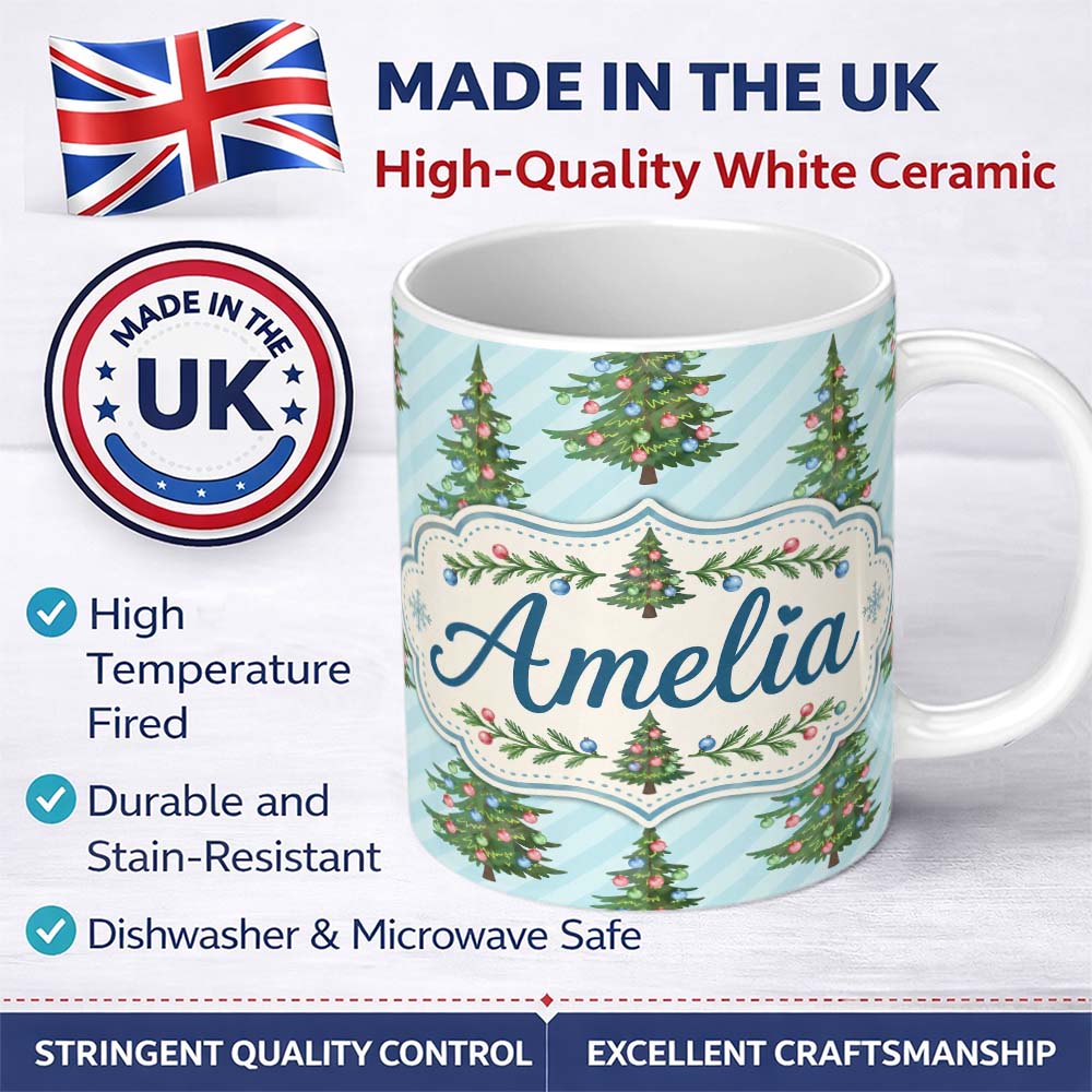 Personalized Custom Name Decorated Christmas Trees with Colorful Baubles on Blue Striped 11oz Ceramic Coffee Tea Mug White Large Handle