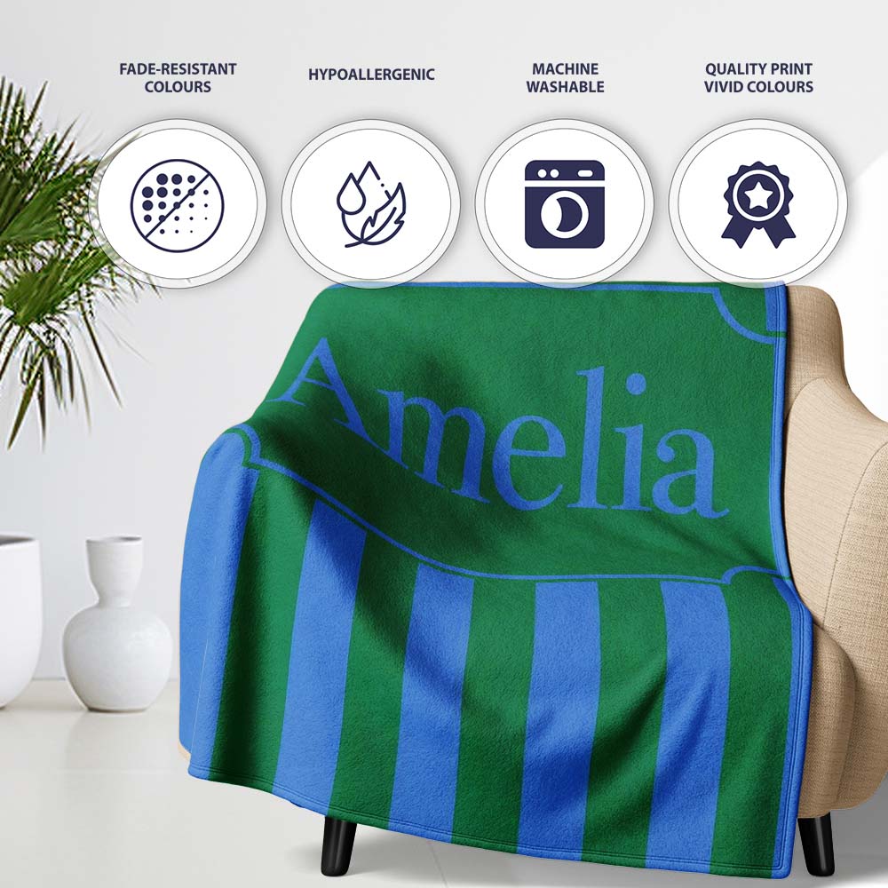 Wavy Blue and Green Vertical Stripes Seamless Pattern Name Cute Personalised Custom Name Super Soft Fleece Blanket Bed Sofa Throw
