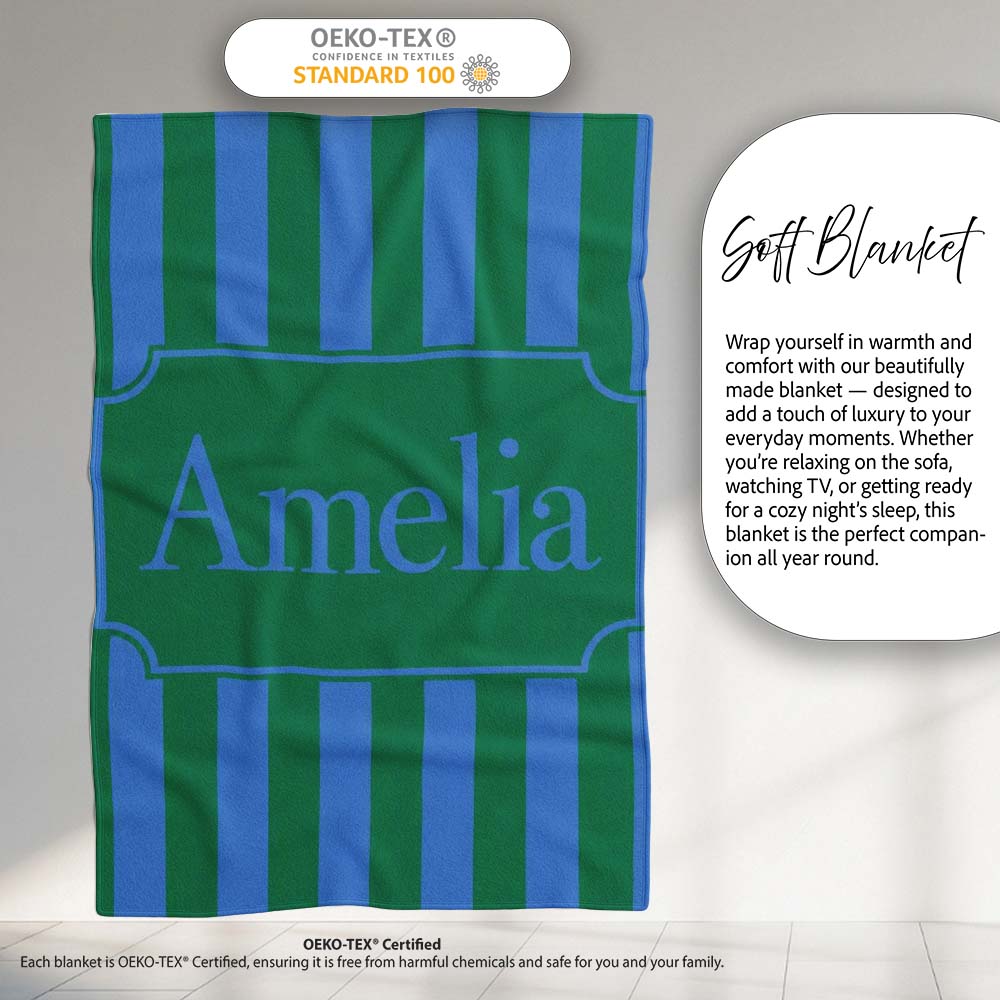 Wavy Blue and Green Vertical Stripes Seamless Pattern Name Cute Personalised Custom Name Super Soft Fleece Blanket Bed Sofa Throw