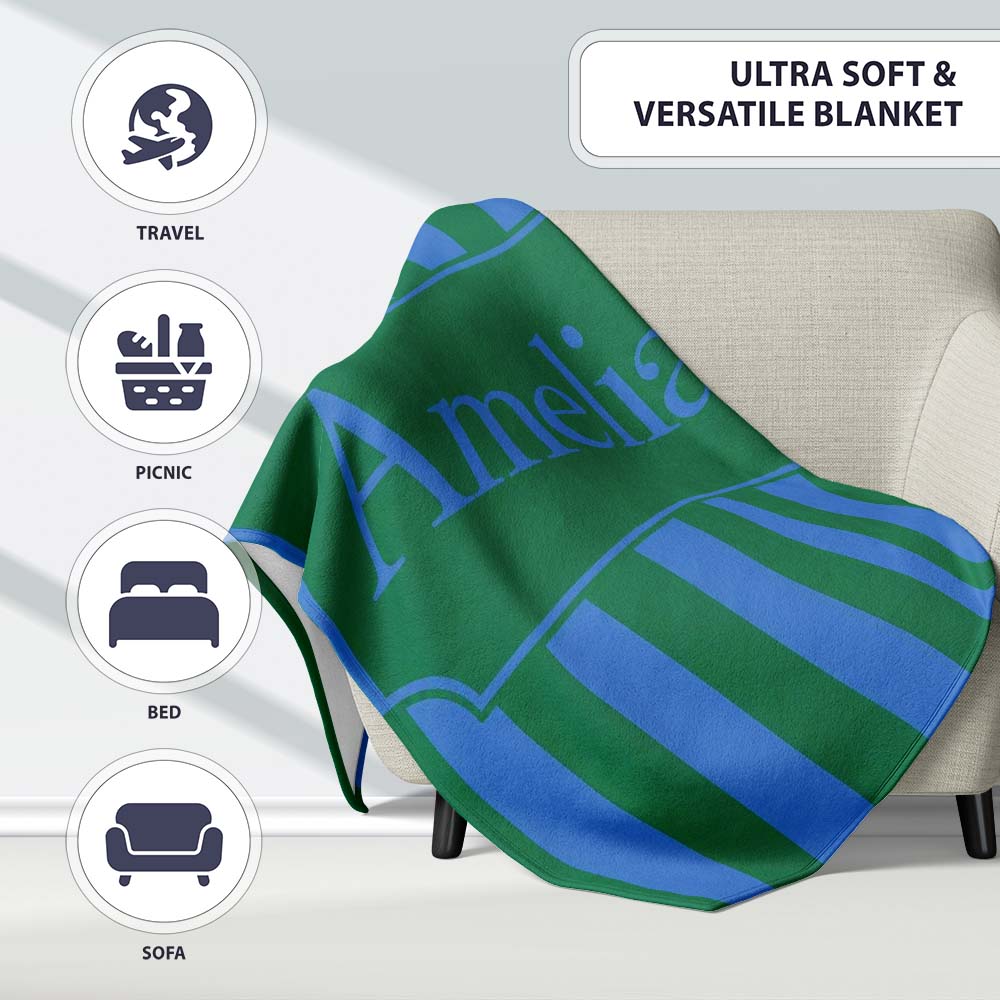 Wavy Blue and Green Vertical Stripes Seamless Pattern Name Cute Personalised Custom Name Super Soft Fleece Blanket Bed Sofa Throw