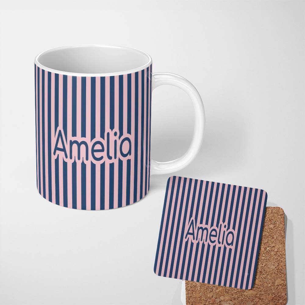 Personalized Custom Name Wavy Navy Blue and Soft Pink Vertical Stripes Seamless Pattern Name 11oz Ceramic Coffee Tea Mug White Large Handle
