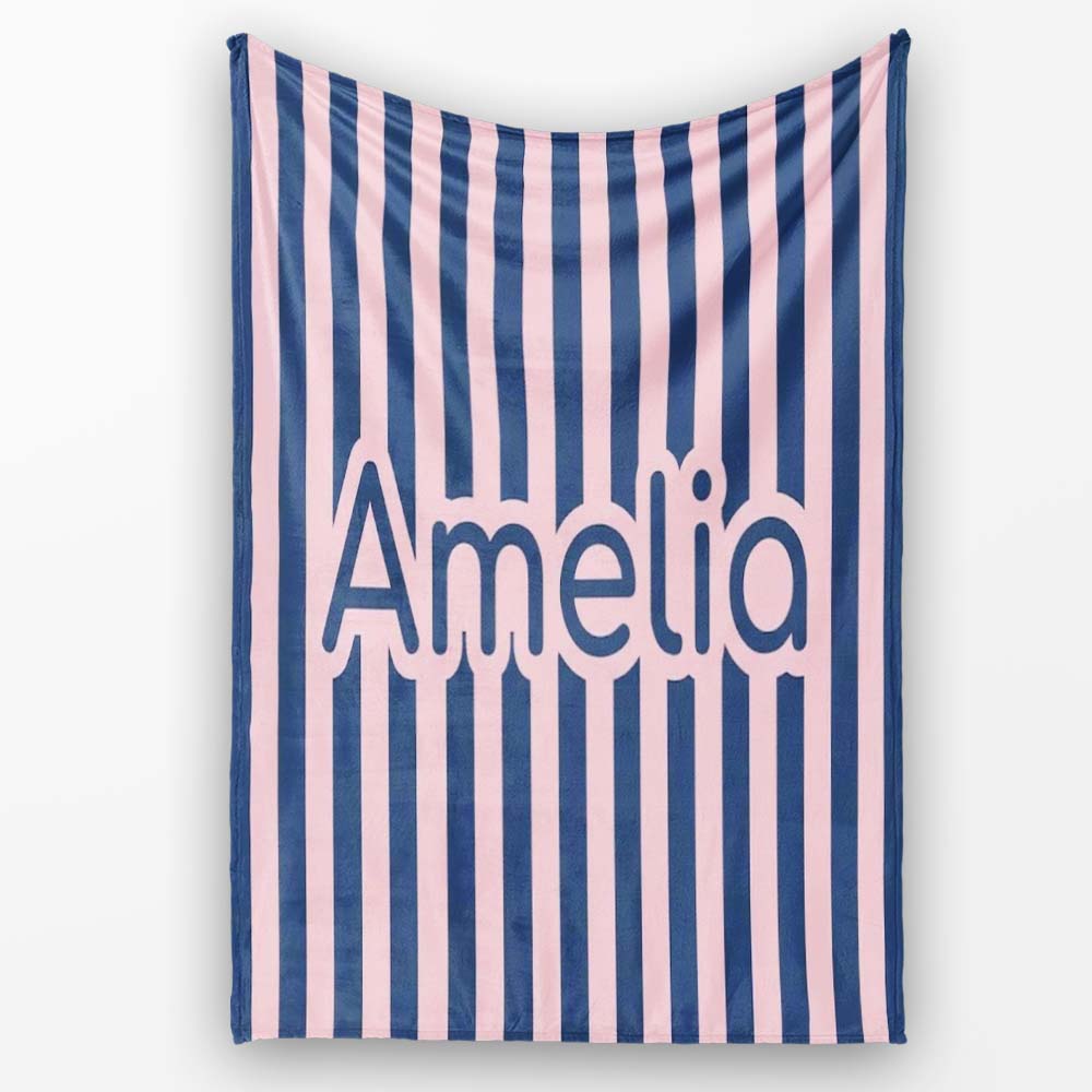 Wavy Navy Blue and Soft Pink Vertical Stripes Seamless Pattern Name Personalised Custom Name Super Soft Fleece Blanket Bed Sofa Throw