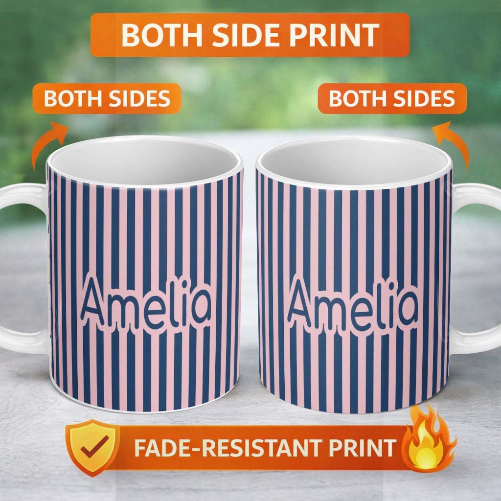 Personalized Custom Name Wavy Navy Blue and Soft Pink Vertical Stripes Seamless Pattern Name 11oz Ceramic Coffee Tea Mug White Large Handle