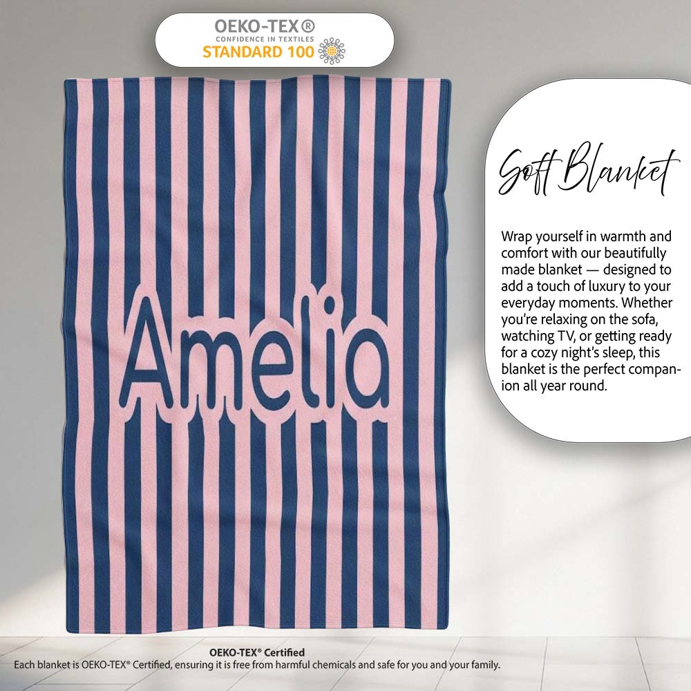 Wavy Navy Blue and Soft Pink Vertical Stripes Seamless Pattern Name Personalised Custom Name Super Soft Fleece Blanket Bed Sofa Throw